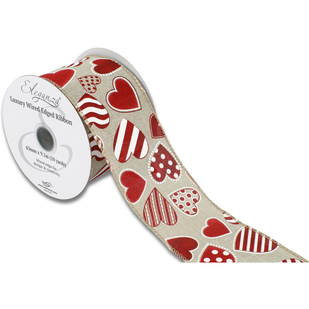 Eleganza Wired Edge Patterned Hearts Natural 63mm X 9.1m Design No.408