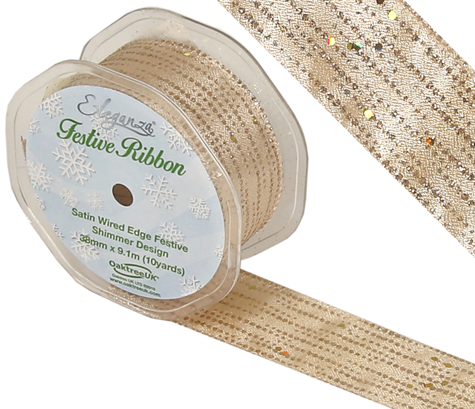 Eleganza Satin Wired Edge Festive Shimmer Design No.377 Champagne Gold No.64 38mm X 9.1m