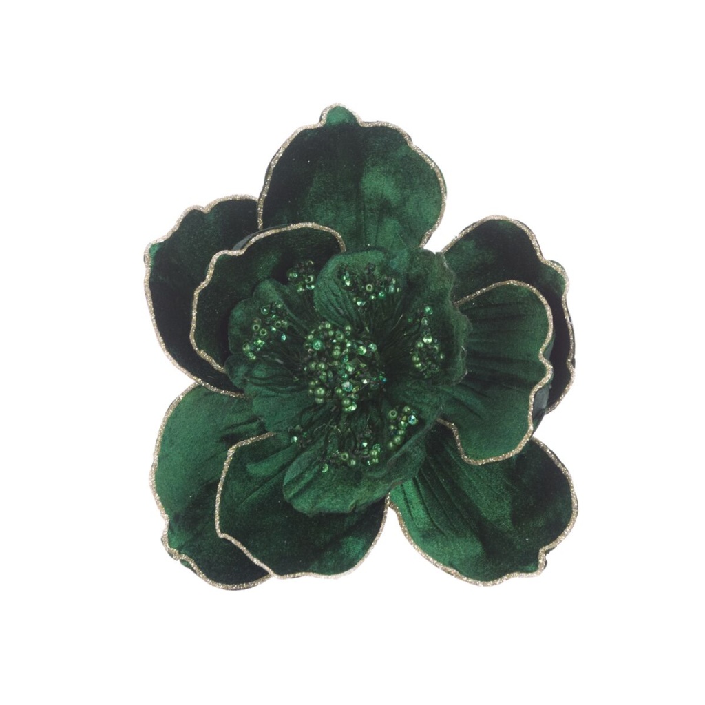 Beaded Magnolia Clip 17cm, Dark Green