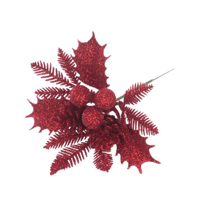 Glitter Holly & Pinecone Pick - X47230RED