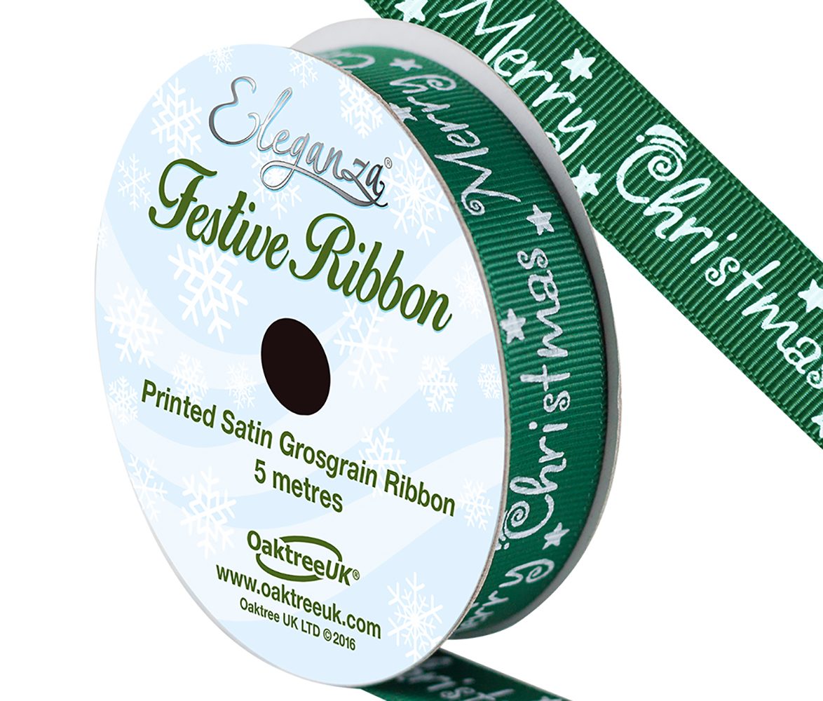 Eleganza Satin Grosgrain Merry Christmas Design No.359 Green 15mm X 5m