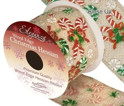 Eleganza Hessian Wired Edge Candy Cane Christmas 10yds X 63mm