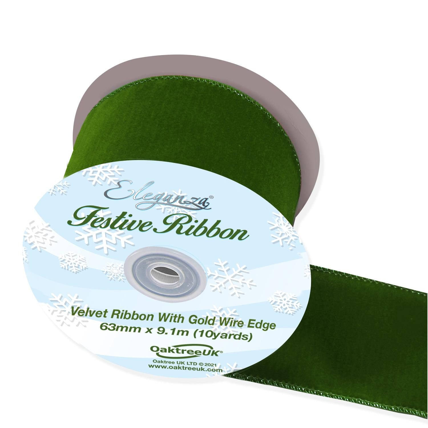 Eleganza Velvet Ribbon With Wired Edge Green No.50 100mm X 10m