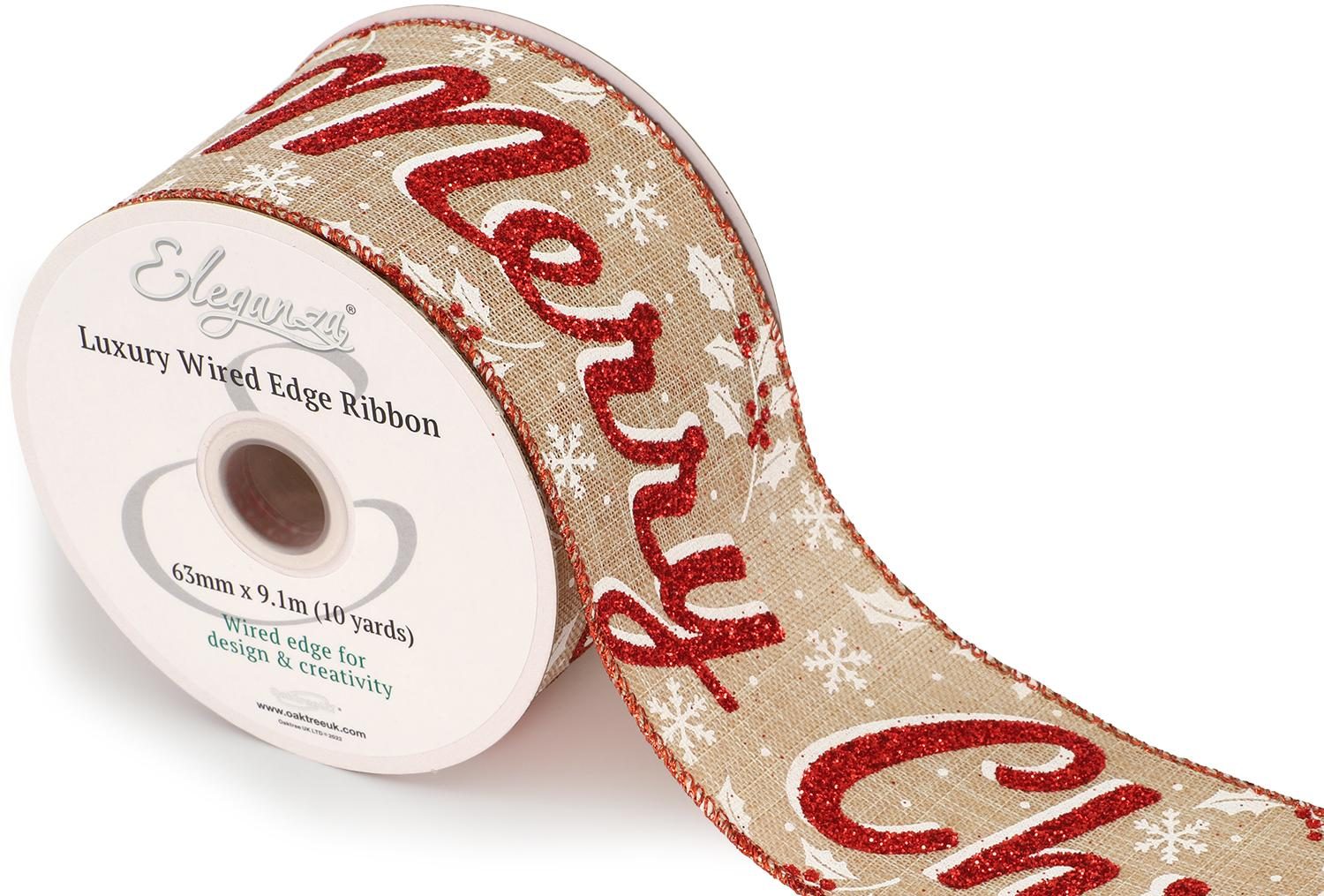 Eleganza Wired Edge Glamorous Merry Christmas 63mm X 9.1m Design No.417 Natural/red