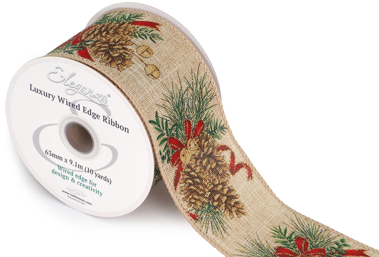 Eleganza Wired Edge Pine Cone Christmas Glitter 63mm X 9.1m Design No.419 Natural