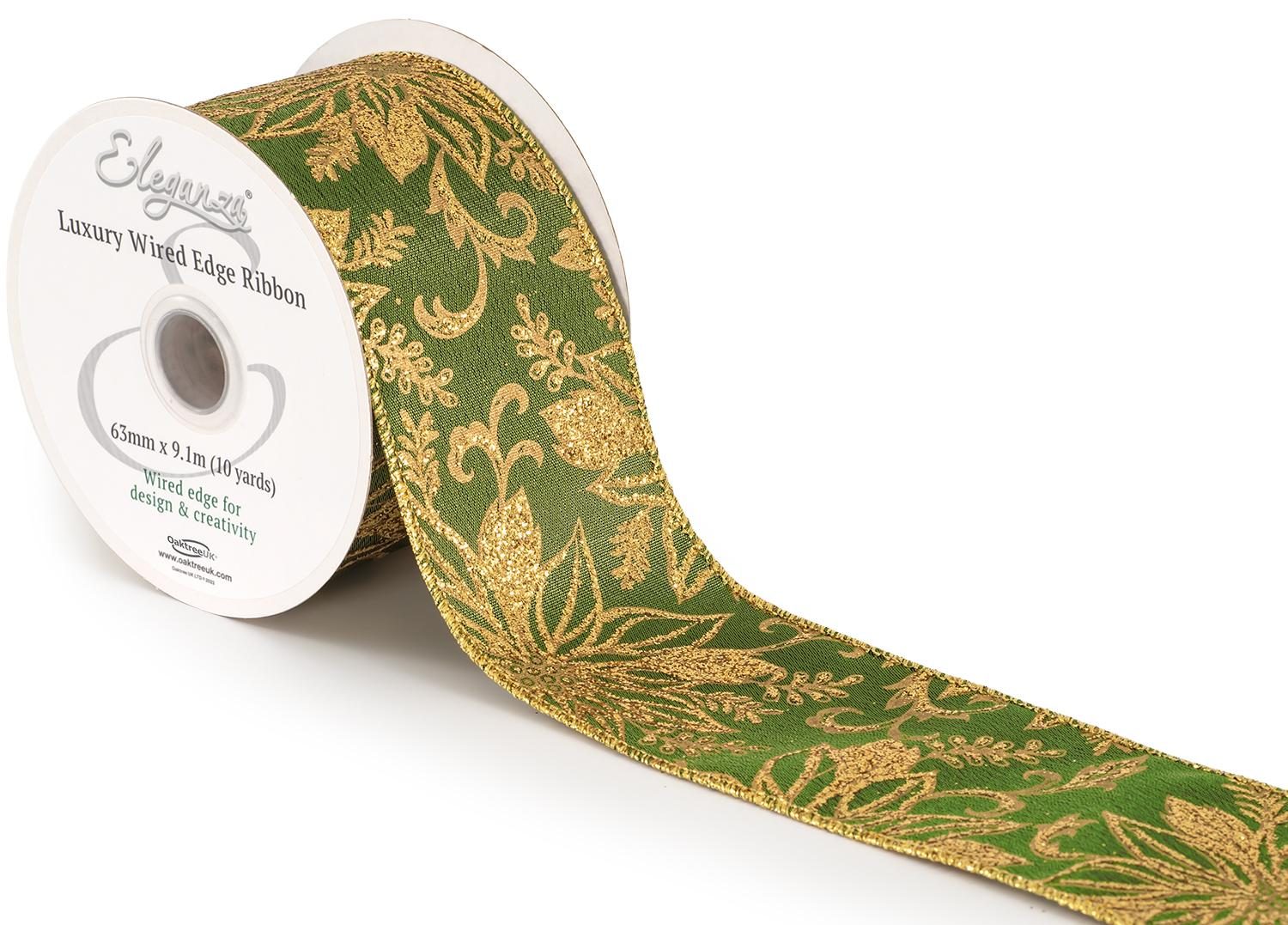 Eleganza Wired Edge Christmas Glitter Poinsettia No.424 63mm X 9.1m Green Gold