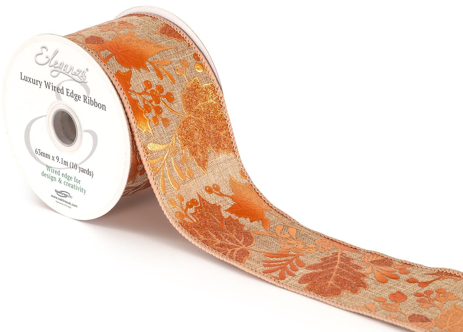 Eleganza Wired Edge Burlap Metallic Gilded Leaves No.428 63mm X 9.1m Natural Copper