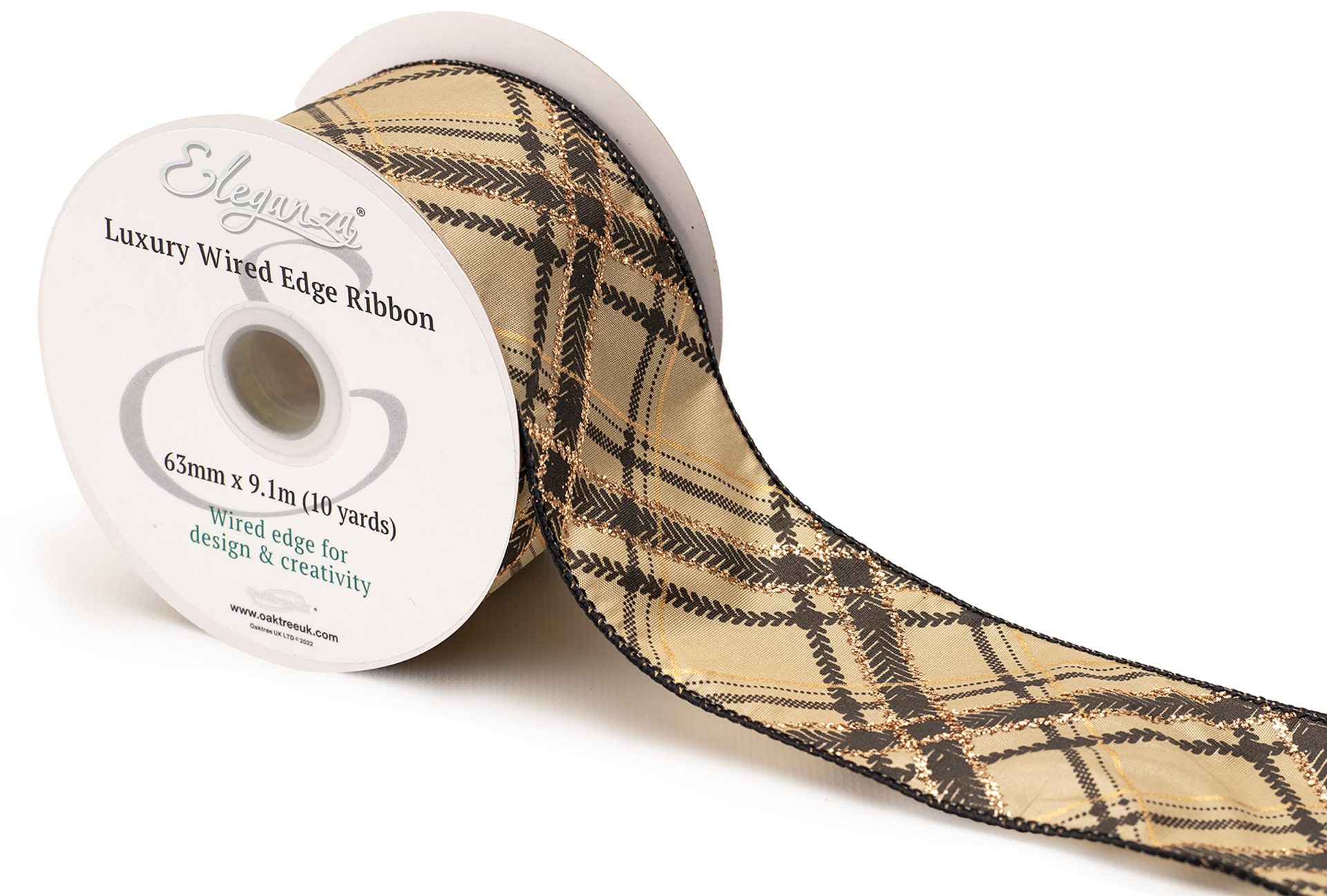 Eleganza Wired Edge Christmas Mocha/black Check No.447 63mm X 9.1m