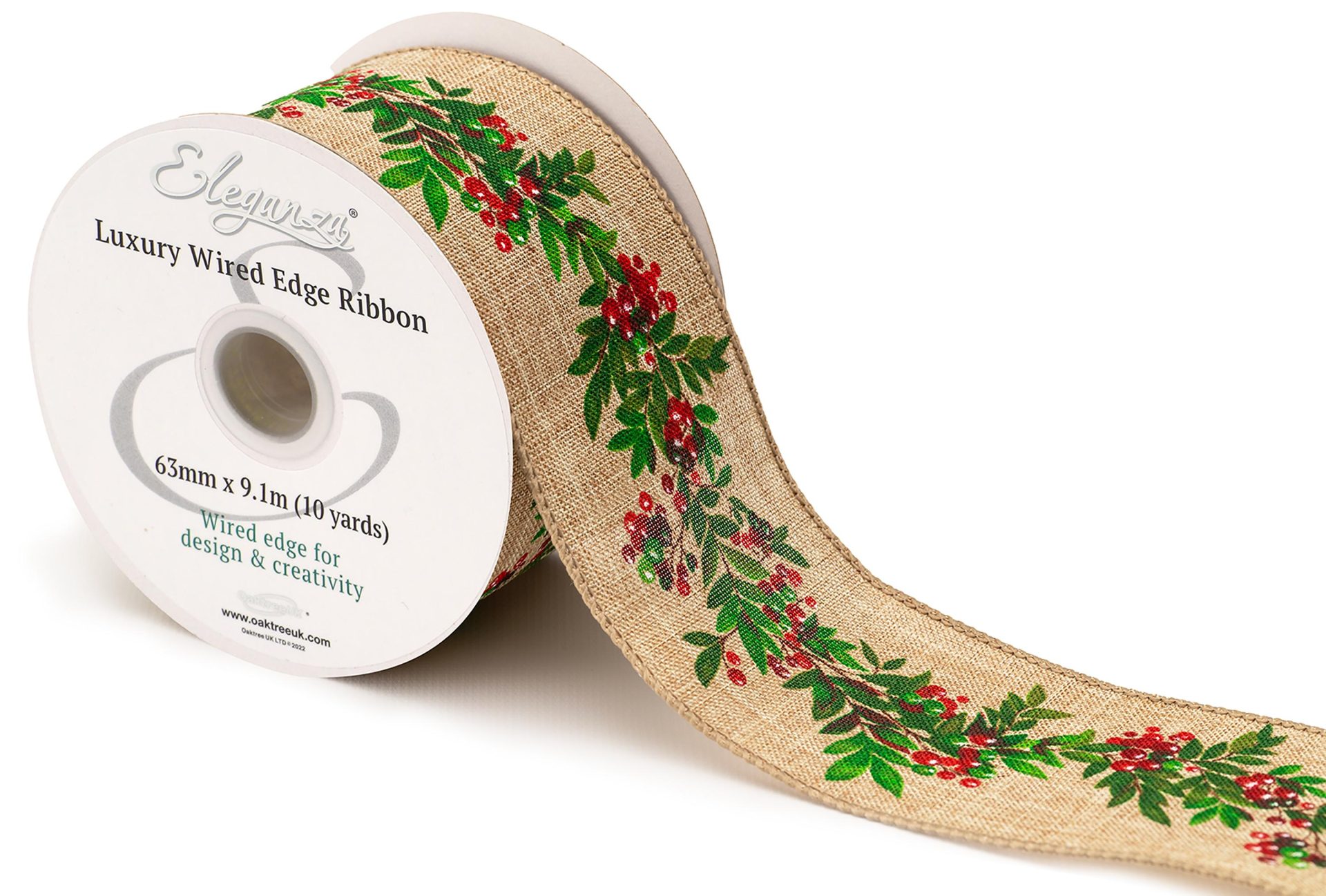 Eleganza Wired Edge Christmas Red Berries/foliage Natural No.450 63mm X 9.1m