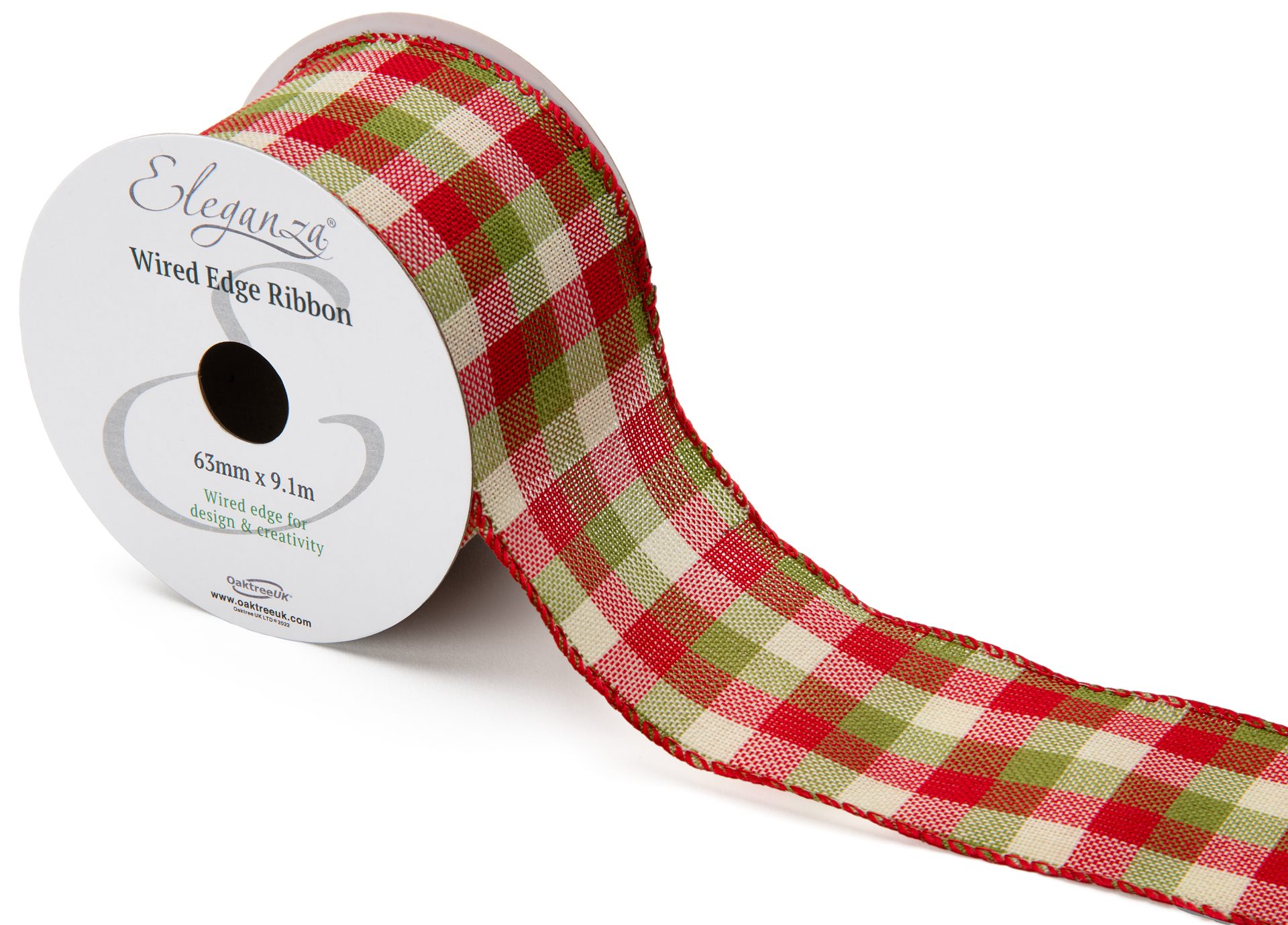 Eleganza Green And Red Chequered Wired Edge Ribbon 63mm X 10 Yards