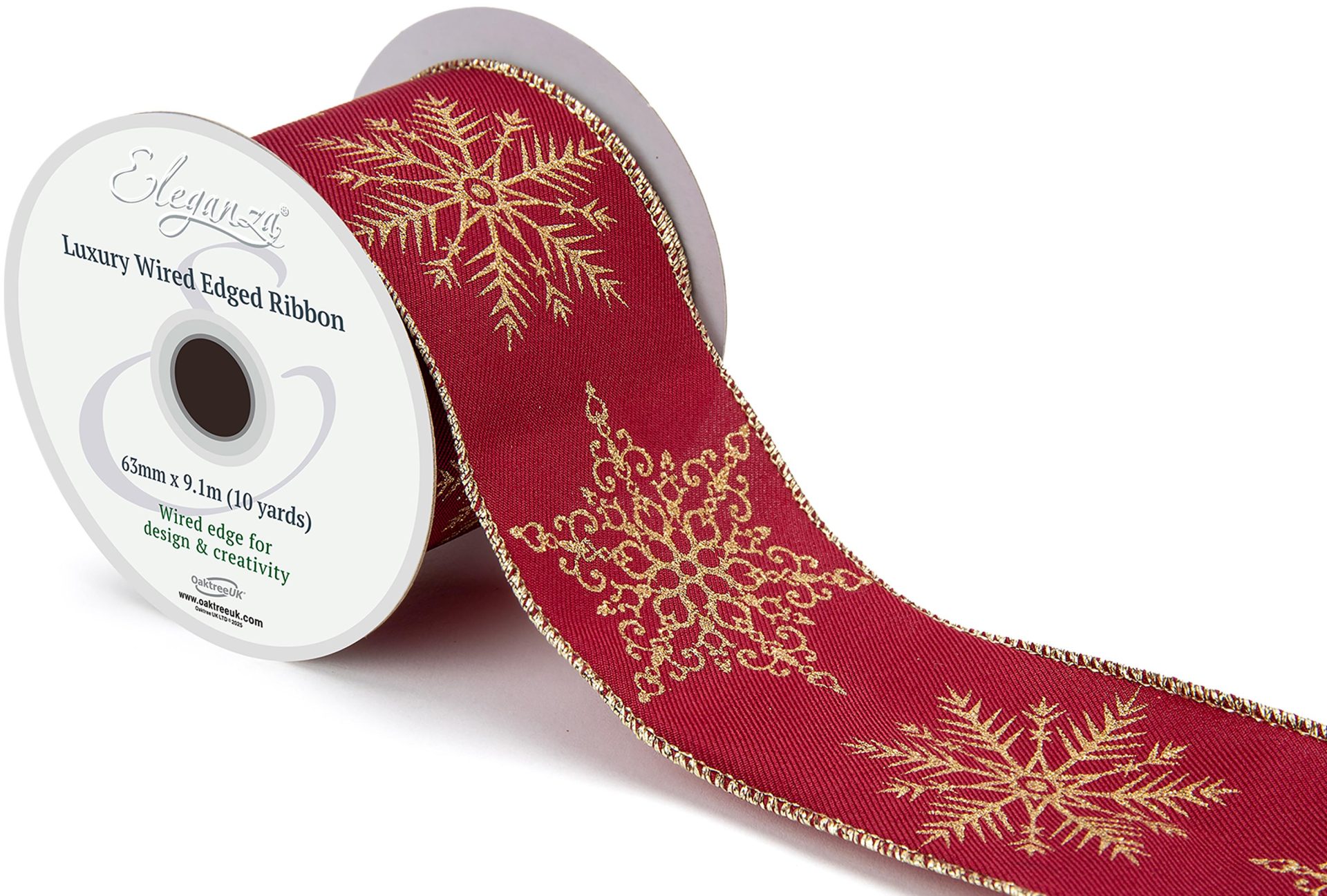 Eleganza Wired Edge Christmas Luxury Snowflakes Burgundy/gold No.464 63mm X 9.1m