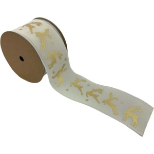 Ivory Christmas Ribbon Gold Deer 63mm X 10 Yrds