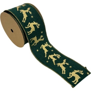 Green Christmas Ribbon Gold Deer 63mm X 10yrds