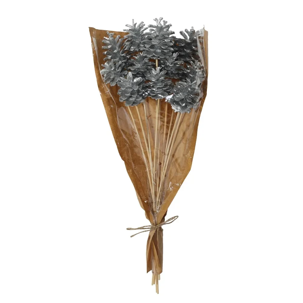 Silver Pine Cone Pick 50cm Stem -12 Pcs Per Sleeve